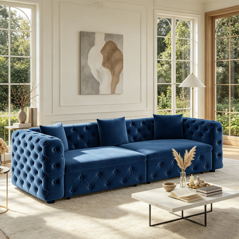 Canapé-lit de 226 cm, canapé-lit 3 en 1, canapé-lit convertible 4 places, canapé Chesterfield capitonné en velours avec 3 coussins décoratifs, bleu
