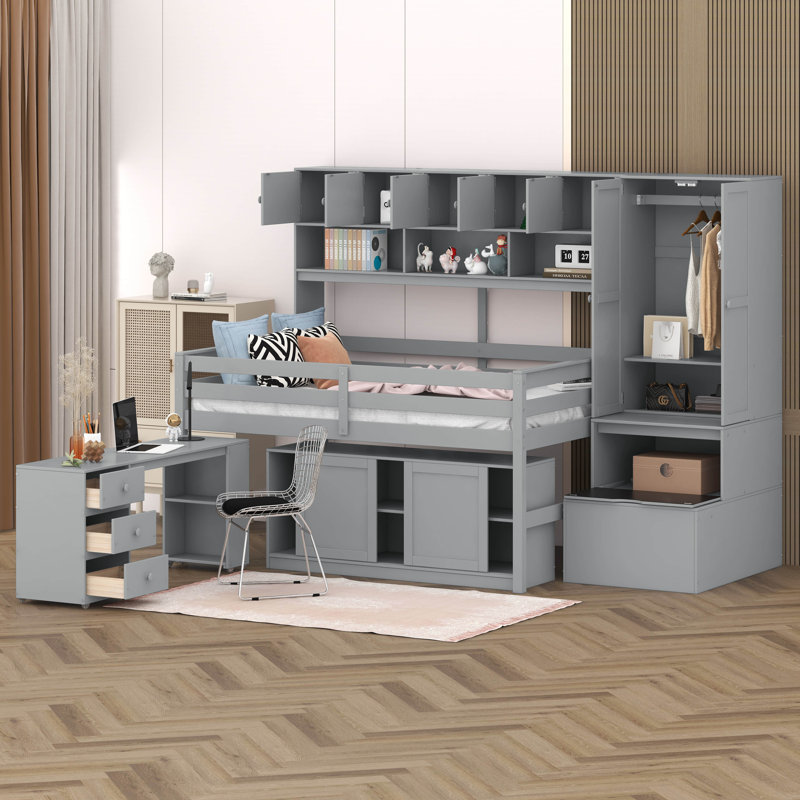 Lit mezzanine avec tiroirs Jeycob Kids, Complète, gris