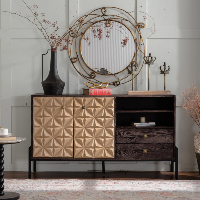 Buffet en bois massif à motif géométrique, 2 portes et 2 tiroirs, armoire Mid-Century moderne pour la cuisine, la salle à manger et le salon