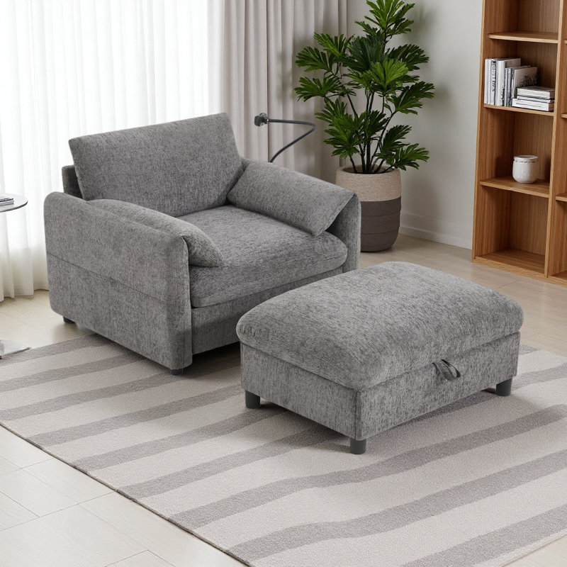 Canapé simple de 37 po avec repose-pieds de rangement, support de téléphone réglable, chargeur à deux ports, poches de rangement, accoudoirs éléphants et fauteuil en chenille confortable