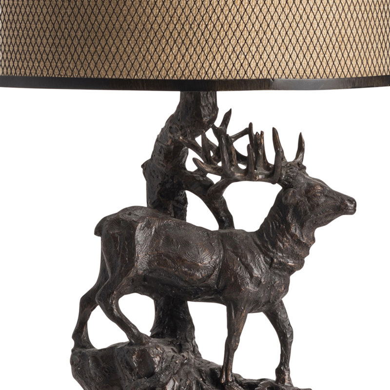 Rustic Resin Table Lamp With Elk Scene And Double Drum Shade.