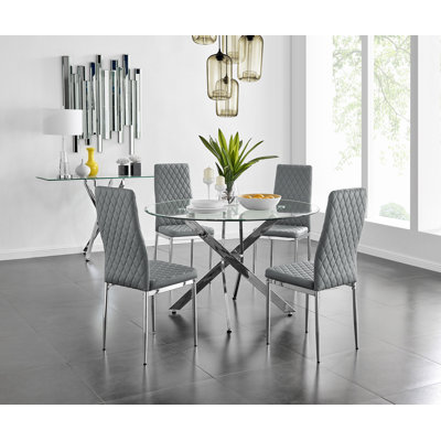 Metal and Glass Round Dining Table Set with Faux Leather Upholstered Dining Chairs