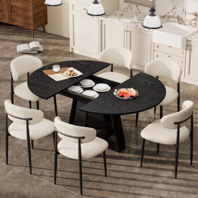 Wooden Mid-Century Modern Dining Set for 4-6,  Extendable Kitchen Table and Linen Upholstered Chair for Dining Room