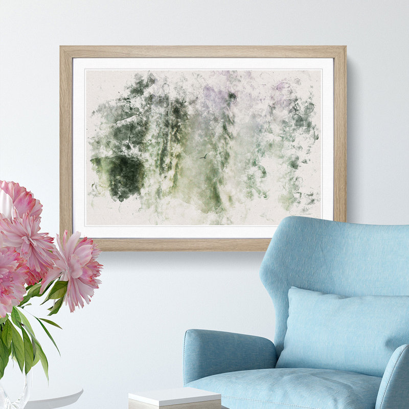 Bird Flying by the Waterfall Watercolour - Picture Frame Graphic Art Print, 45cm H x 63cm W x 2cm D, Oak Framed