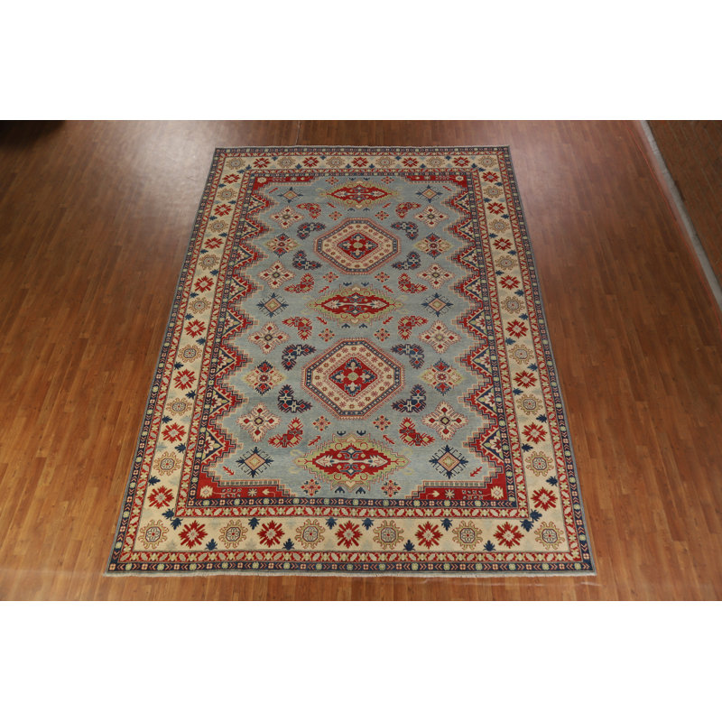 Light Blue Geometric Kazak Oriental Area Rug