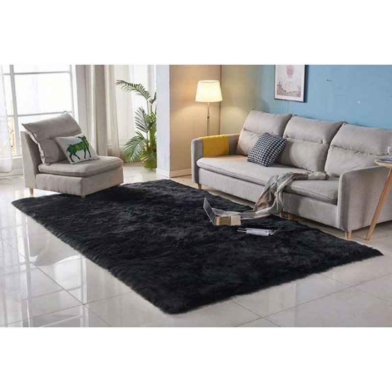 Tapis gris à poils longs fabriqué à la main Hassiem - noir, Rectangle 9 pi x 12 pi