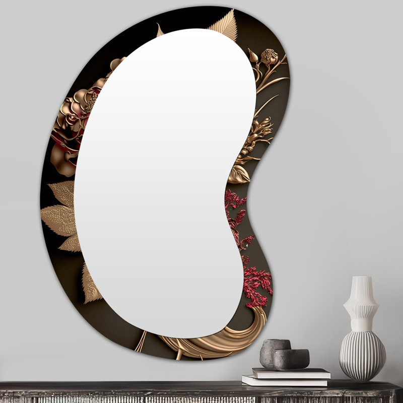 Gilded Rose Vintage Glam I - Floral Asymmetrical Decorative Mirror, Pink Unique Shape Wall Mirror, Printed Metal Art