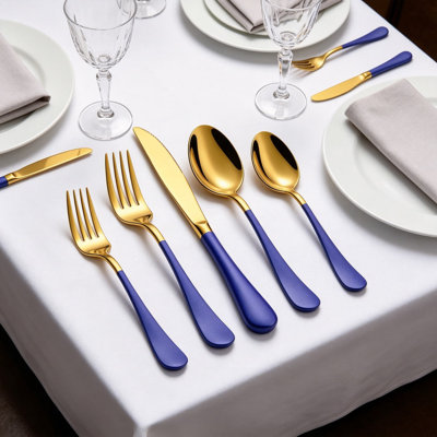 20-Piece Blue and Gold Silverware Set, 18/0 Stainless Steel Colorful Handle Flatware Set, Service for 4, Modern Cutlery Set with Dinner Knives, Forks, Spoons, Mirror Polished, Dishwasher Safe