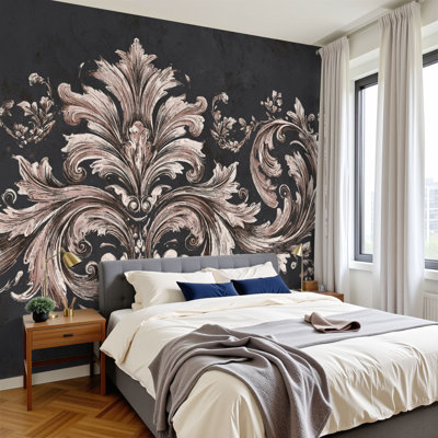 Papier peint à peler et à coller Élégant papier peint baroque à volutes gris anthracite taupe à texture rétro H 69 po x l 96 po amovible, papier peint mural auto-adhésif pour chambre à coucher, bureau à domicile
