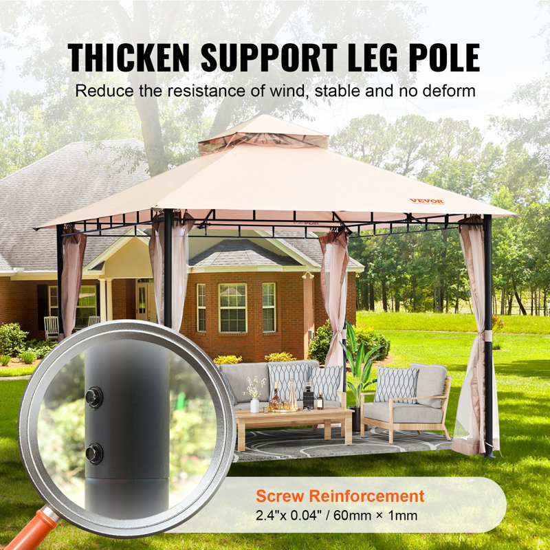 Beige Polyester 10x10 ft Patio Gazebo with Mosquito Net and Metal Frame