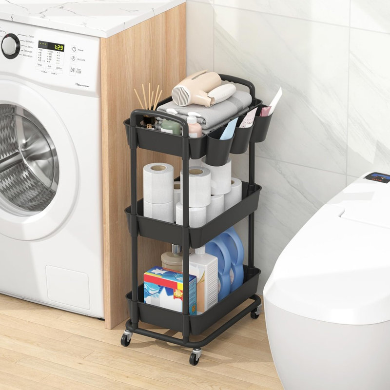 3‑Tier Plastic Utility Rolling Cart with Hanging Cups, Handles and Lockable Wheels