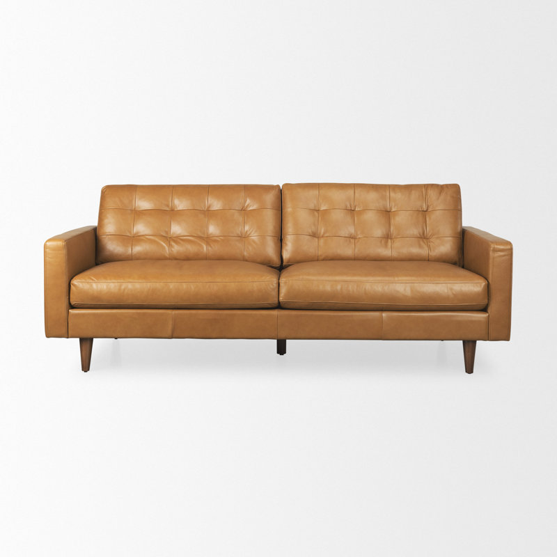 Canapé à accoudoirs carrés en cuir véritable 88,2 po, Brun clair