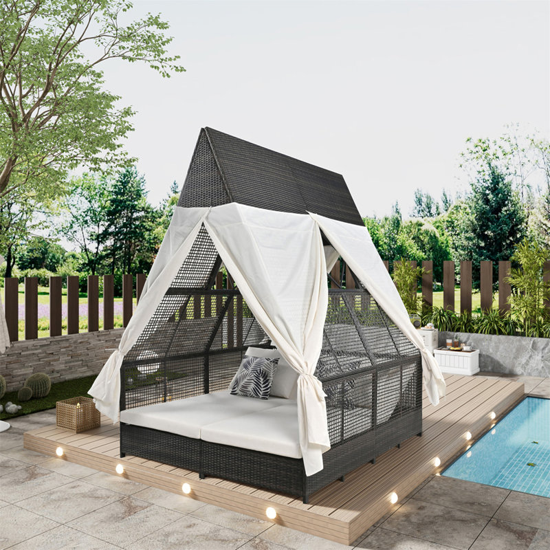 Luxurious Outdoor Daybed With Privacy Curtains And Multiple Pillows For Ultimate Comfort, Cream