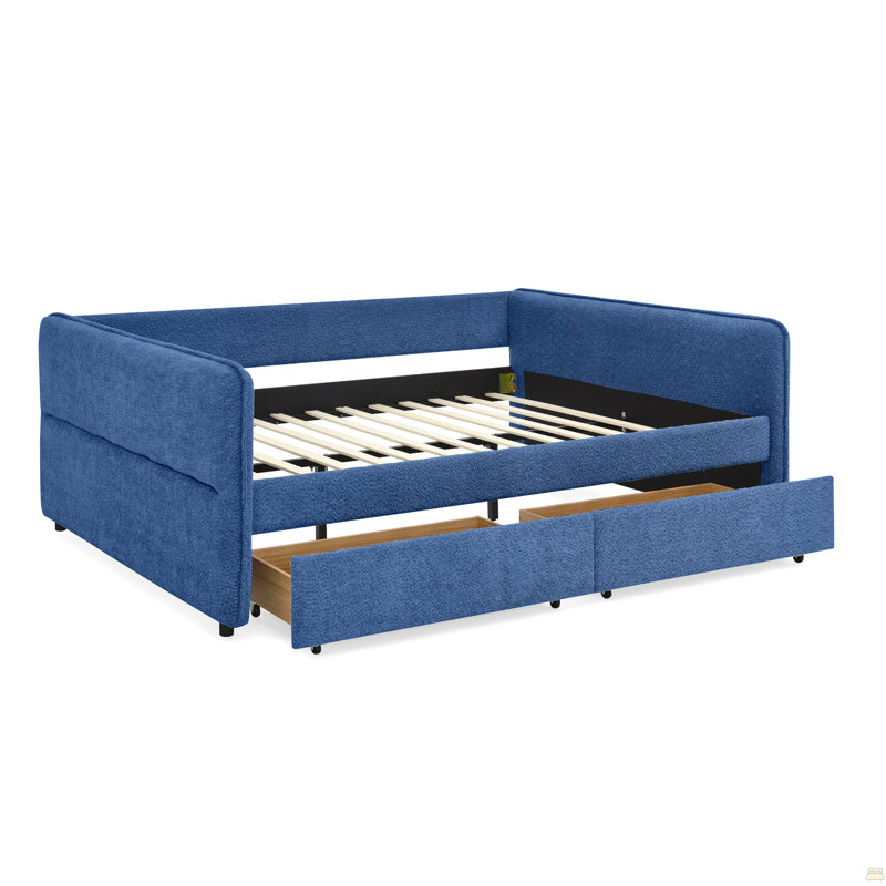 Grand lit de jour avec canapé-lit capitonné à deux tiroirs, tissu Boucle, Blue