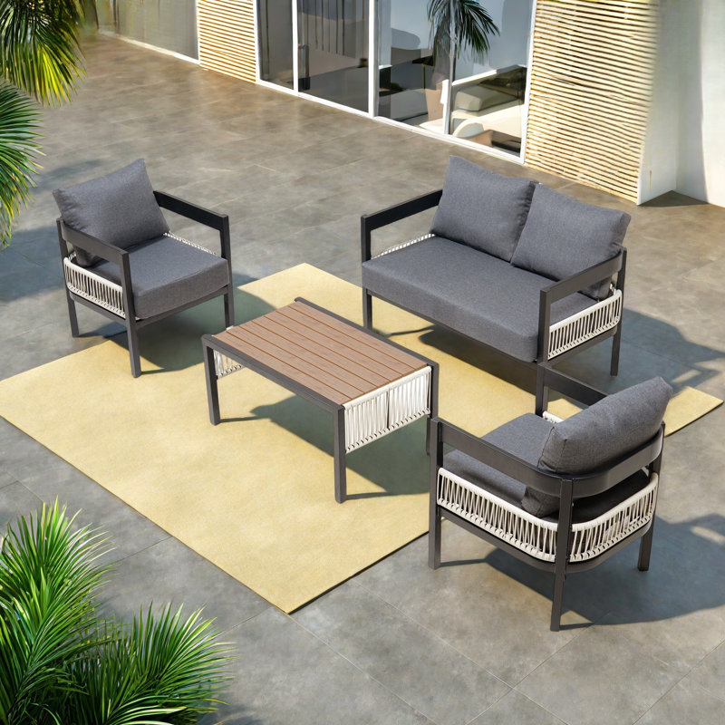 Multi-person Outdoor Sofa Set With A Table, 2 Single Chairs, 1 Double Chairs, Rattan Decoration And Sturdy Iron Frame, Gray