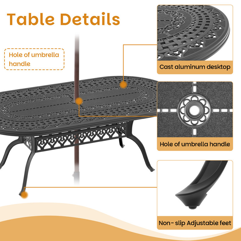 7-Piece 81.89"L Oval Patio Dining Set with Umbrella Hole, 6 Swivel Chairs with Blue Cushions