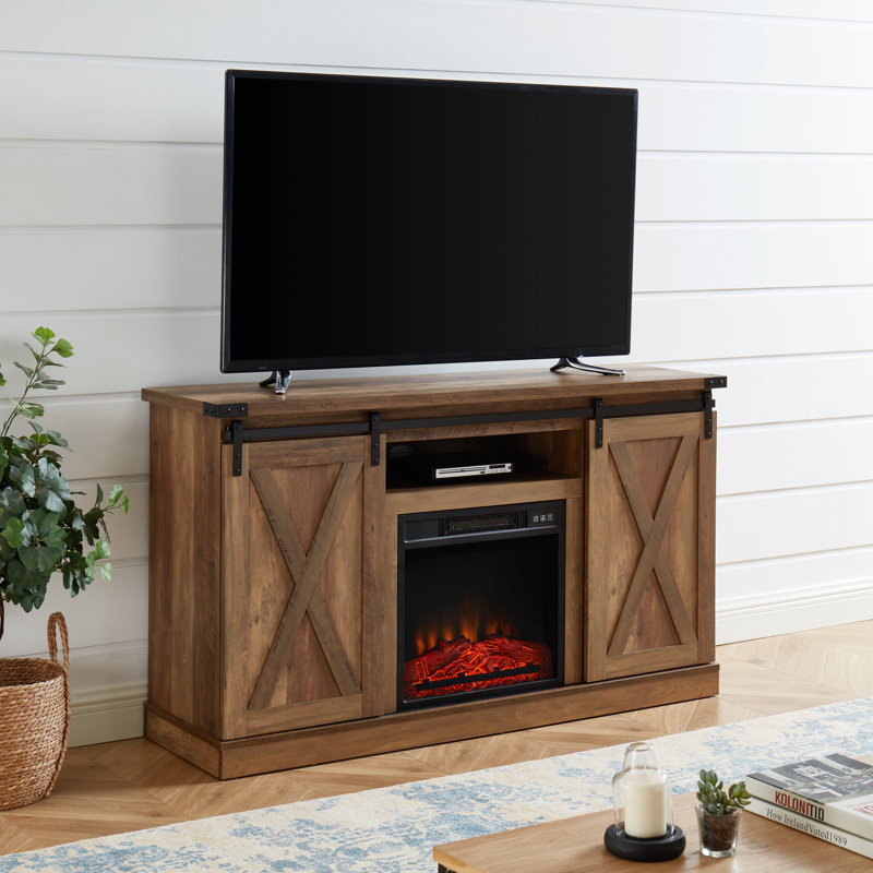 Bradner Unfinished TV Stand for TVs up to 65" with Fireplace Included, Rustic Oak