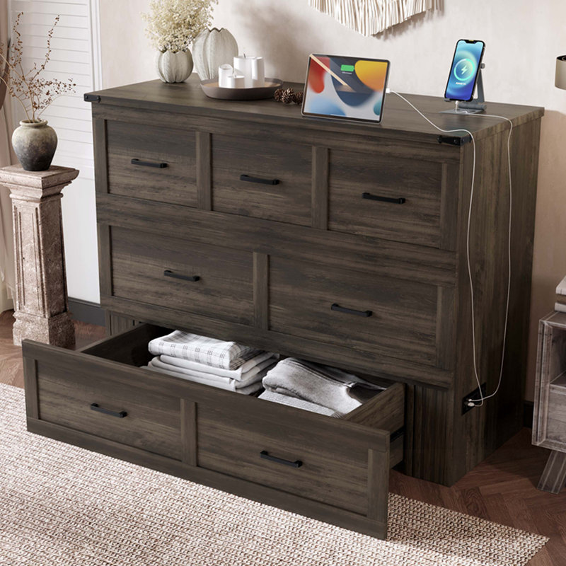 Lit escamotable double avec station de charge et grand tiroir de rangement, Gris, Lit double