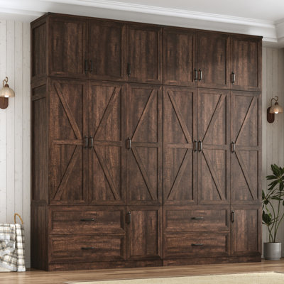 94"H Tall 6 Doors Armoire Wardrobe Closet with Top Cabinet & Drawers, Farmhouse Wooden Storage Cabinet with Sensor LED Light & Barn Doors, Extra Tall Clothing Organizer for Bedroom, Brown
