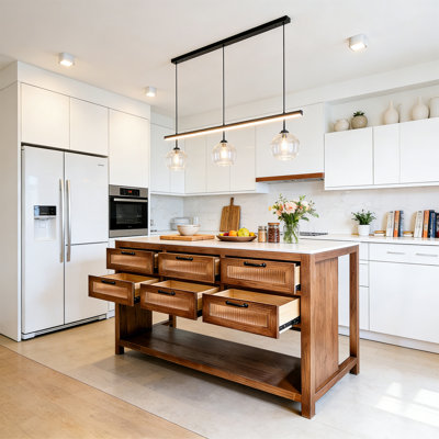 A rustic-style wooden dining room kitchen island
