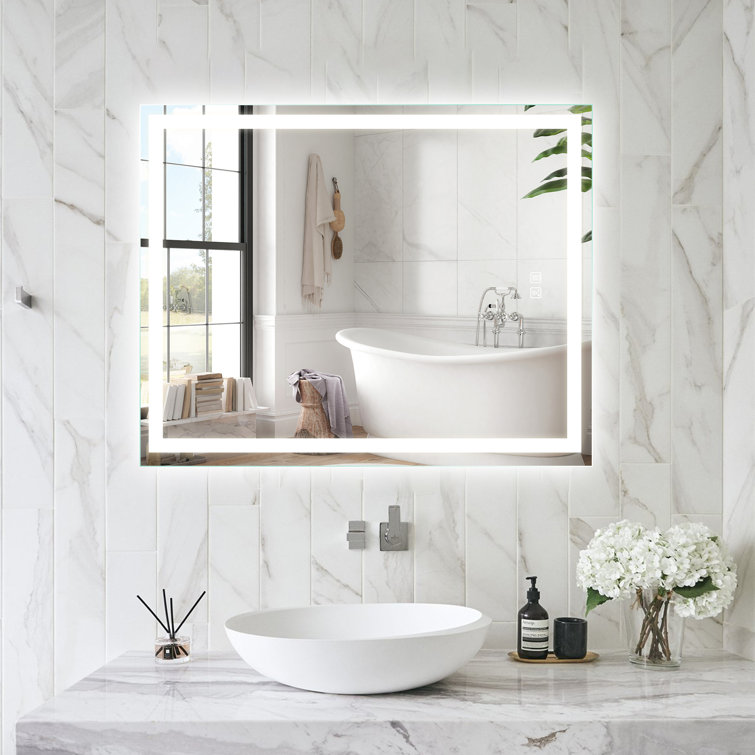 Kedarnath LED Bathroom Mirror with Lights, Smart Dimmable Vanity Mirrors for Wall, Anti-Fog Backlit Lighted Makeup Mirror Orren Ellis Size: 48 x 30