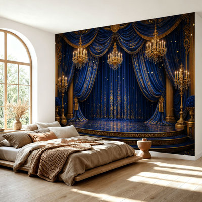 Wall Mural Peel and Stick Wallpaper Royal Blue Velvet Theater Stage Golden Chandeliers Baroque Luxury Self-Adhesive Removable Contact Paper Wall Decor for Living Room Bedroom 69"H x 96"W
