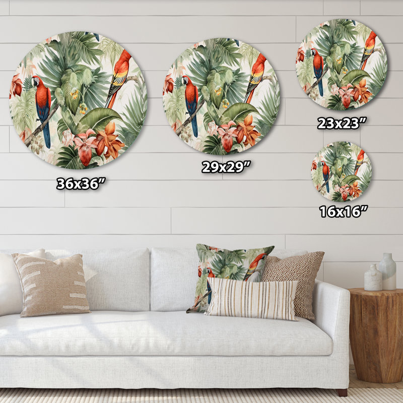 Perroquet au paradis I - animaux, art en métal rond, H 16 po x l 16 po