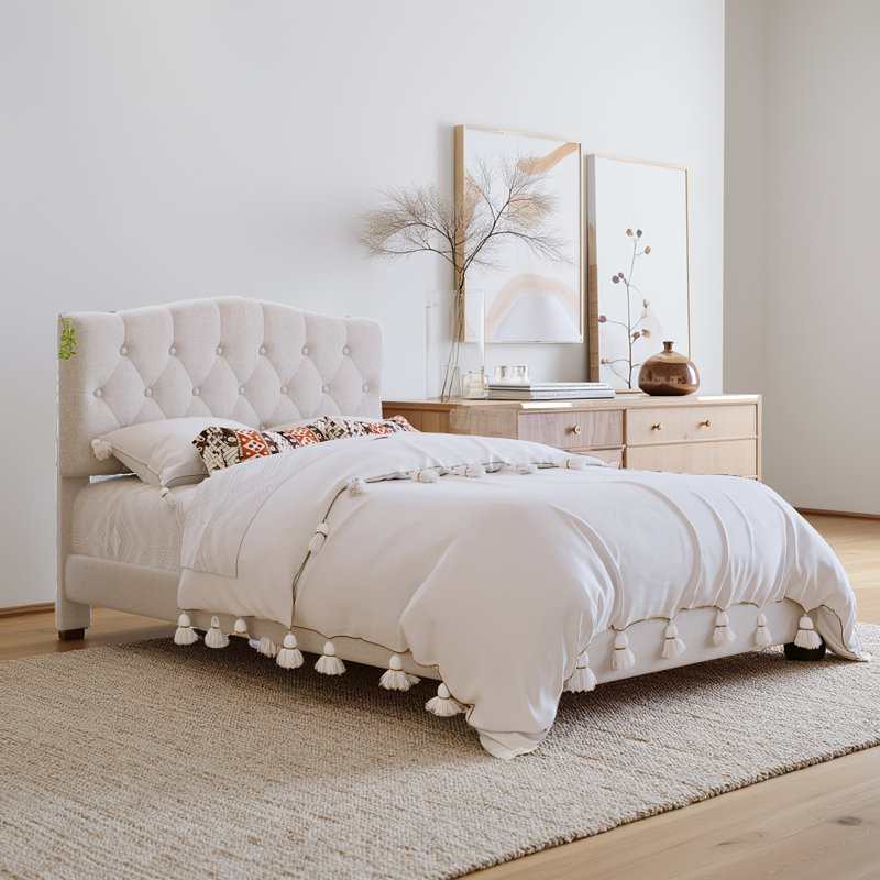 Lit en lin beige capitonné Diamond, Grand lit