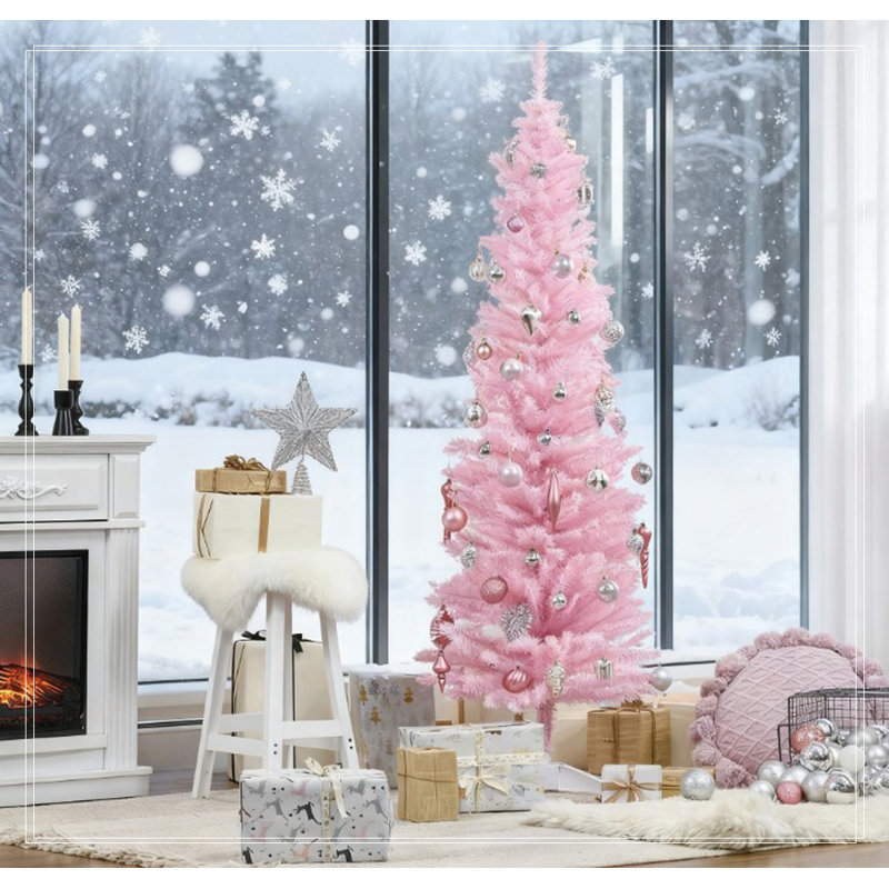 Arbre de Noël festif au crayon rose, H 5,9 pi, Rose/Blanc