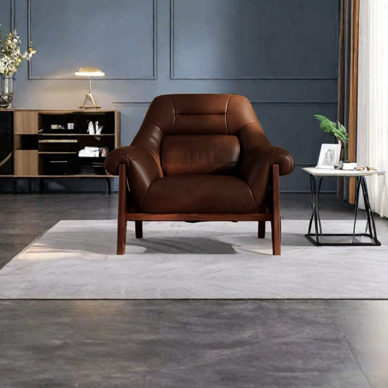 Chaise de loisir simple en bois massif éponge durable, Similicuir brun