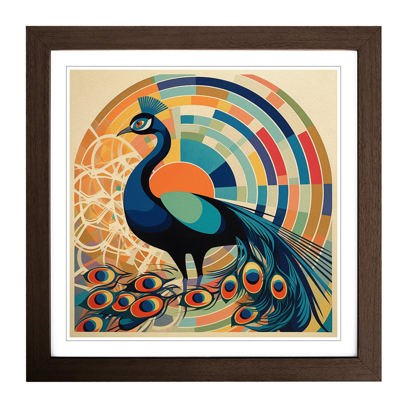 Peacock Constructivism - Single Picture Frame Print on Wood, Walnut