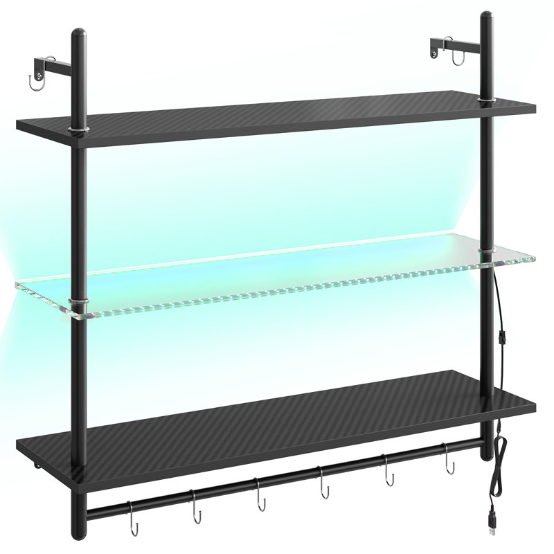 Tablettes flottantes murales 41 "à 3 niveaux avec lumières DEL 41" avec 8 crochets en S, Noir
