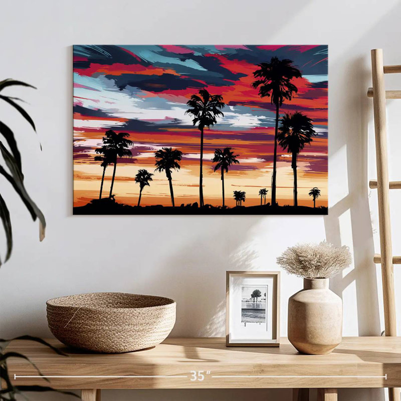 Silhouette de palmiers au coucher du soleil, H 16 po x l 24 po