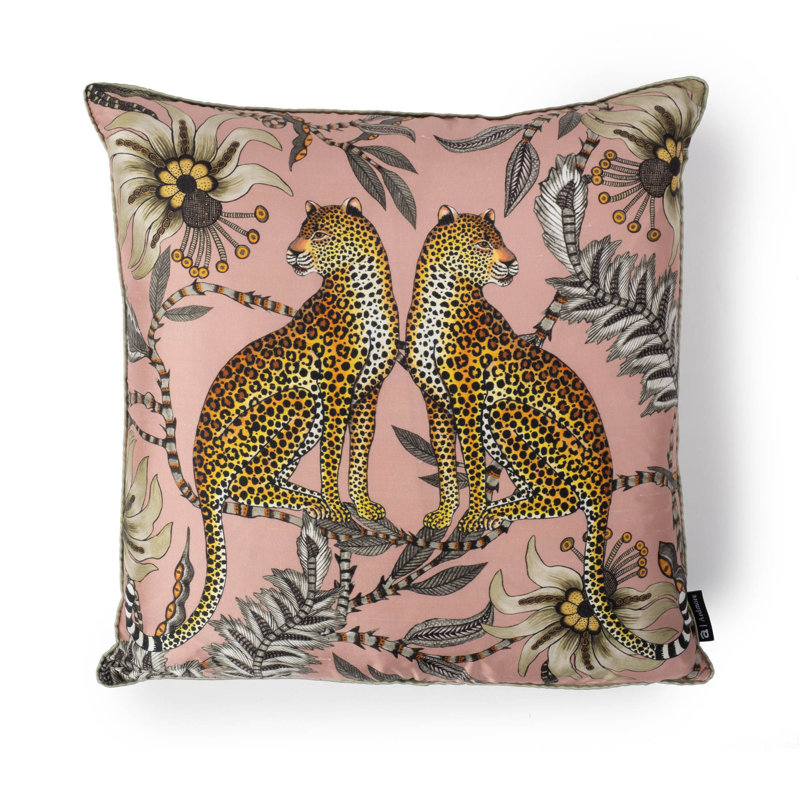 Ardmore 'Lovebird Leopards' Silk Pillow, Magnolia