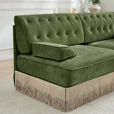 Tissu en velours confortable en forme de U respirant, canapé de style Chesterfield, jupe à franges à franges sur le plancher, conception combinée modulaire, conception ergonomique, conception capitonnée à boutons, pour chambre à coucher pour salon, vert