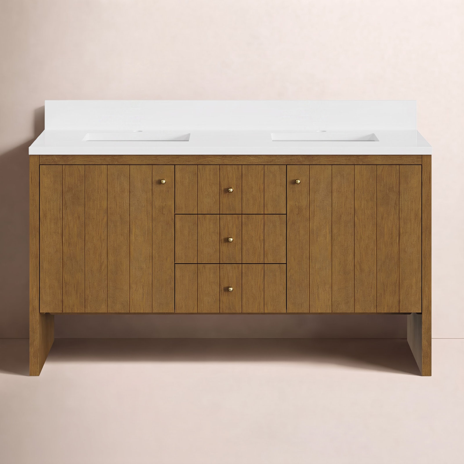 Hudson 60'' Double Bathroom Vanity, Honey Brown, White Zeus, Single-Hole