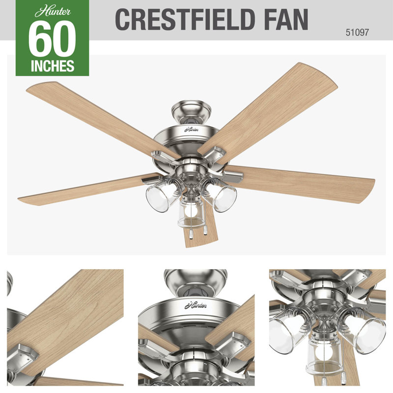 Crestfield 60" Brushed Nickel Ceiling Fan with LED Light and Reversible Blades