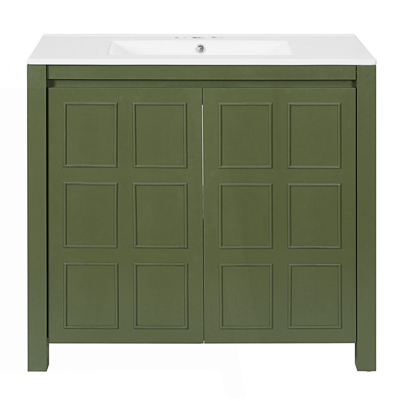 Meuble-lavabo de salle de bain avec lavabo en céramique, armoire de rangement 2 portes, Vert olive
