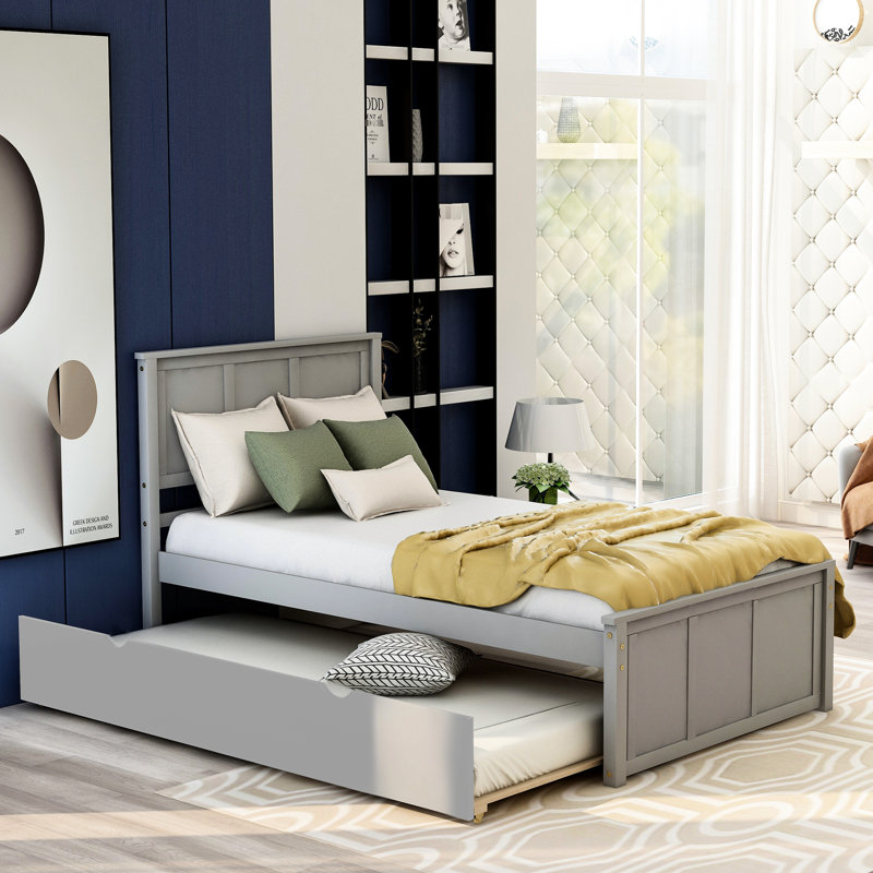 Lit plateforme gris avec lit gigogne maniable - construction portative en bois massif, Gris
