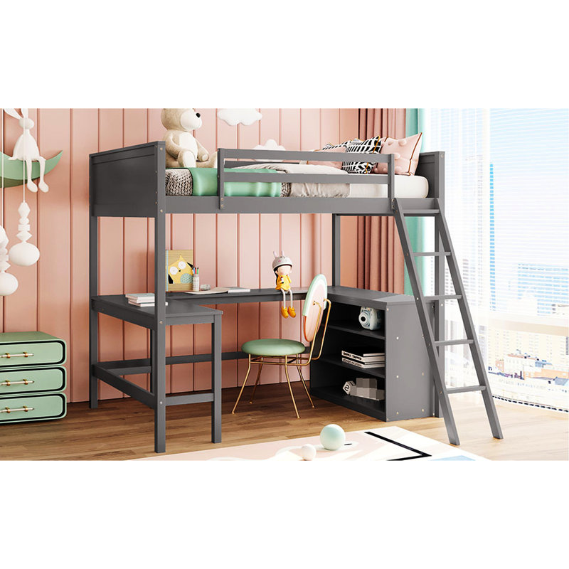 Lit mezzanine double en bois massif avec tablettes - Gris, améliorant la durabilité de l'espace