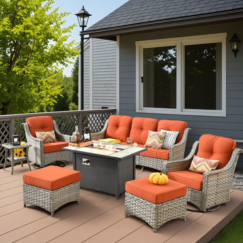 Harper Outdoor 7 Piece Patio Furniture With Fire Pit Table,wicker Conversation Set With Swivel Chairs, Comfy Deep Sofa With Ottoman For Outside Porch Balcony Backyard Pool