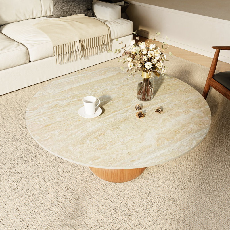 Gorman Modern Natural Travertine Stone Coffee Table 35.4" With Matte Fluid Texture, Living Dining Room Kitchen Small Round Table Centerpiece