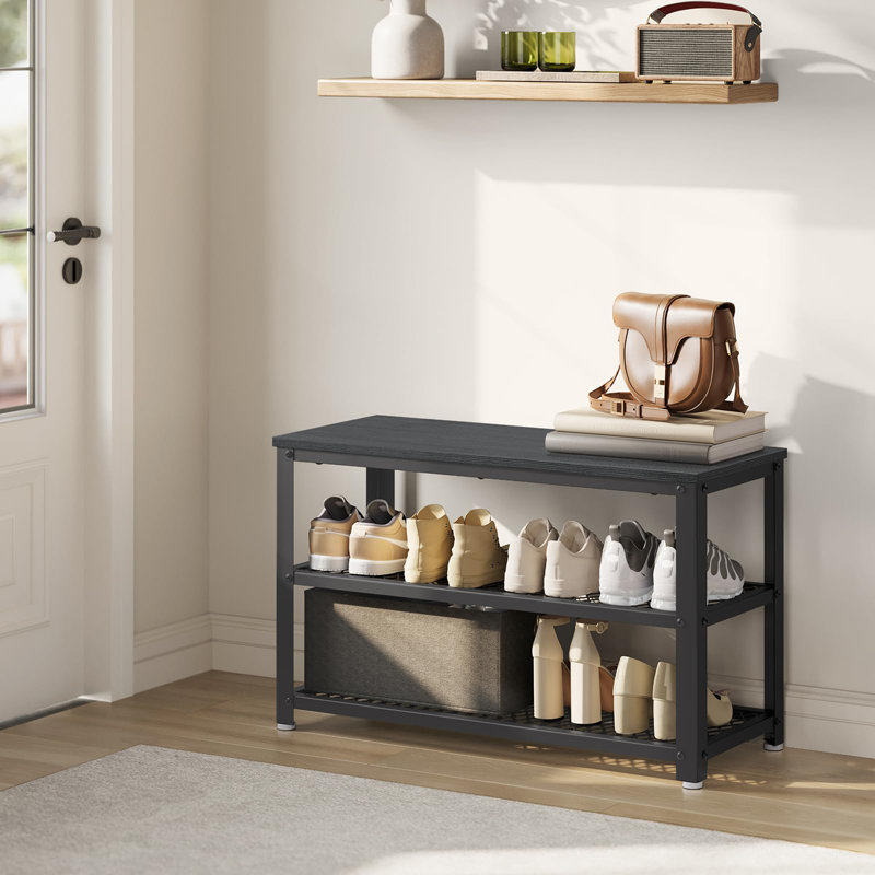 3-Tier Shoe Bench with Metal Mesh Shelves, Black and Black