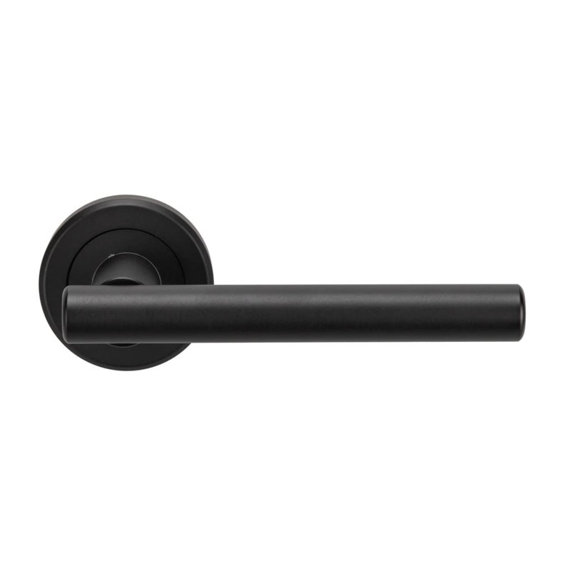 1 Pair Straight T-Bar Door Handles on Round Rose in Satin Nickel Finish with Ball Bearing Hinges and 64mm Tubular Latch