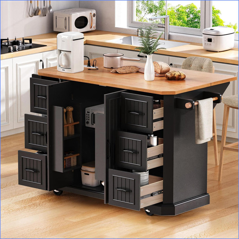 Kitchen Island 56 Inch Black with Rubber Wood Veneer, Drop Leaf, Power Outlet, 6 Drawers | Farmhouse | Kitchen Carts, Black