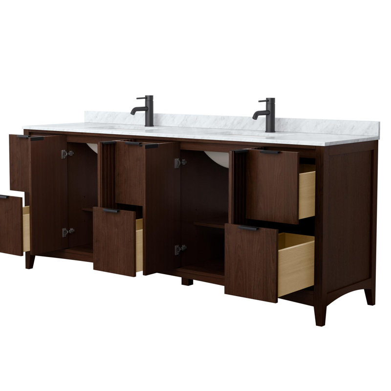 Palmilla 84" Freestanding Double Bathroom Vanity with Marble Top, Brown, Matte Black