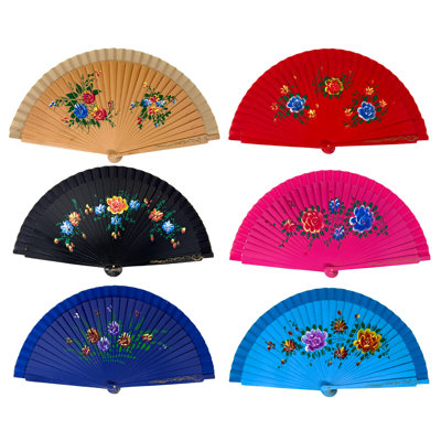 Ensemble de 6 ventilateurs à main en bois double face de style espagnol avec fleurs peintes - Élégants accessoires de mariage, de fête, de danse et de fête (couleurs assorties)