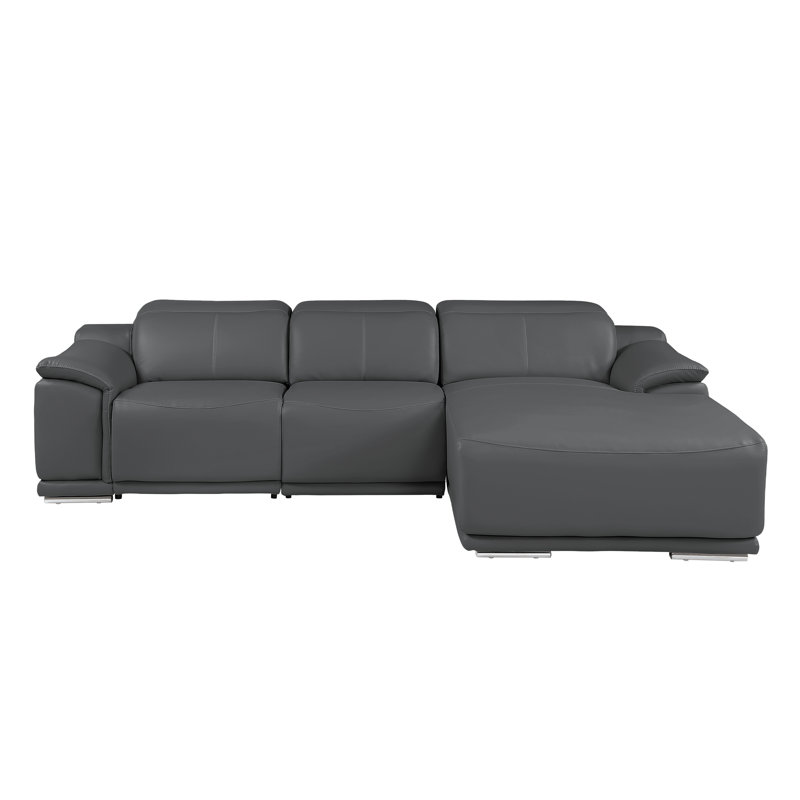 Canapé modulaire 3 pièces en cuir véritable gris foncé avec 2 fauteuils inclinables et appuis-tête réglables gris foncé