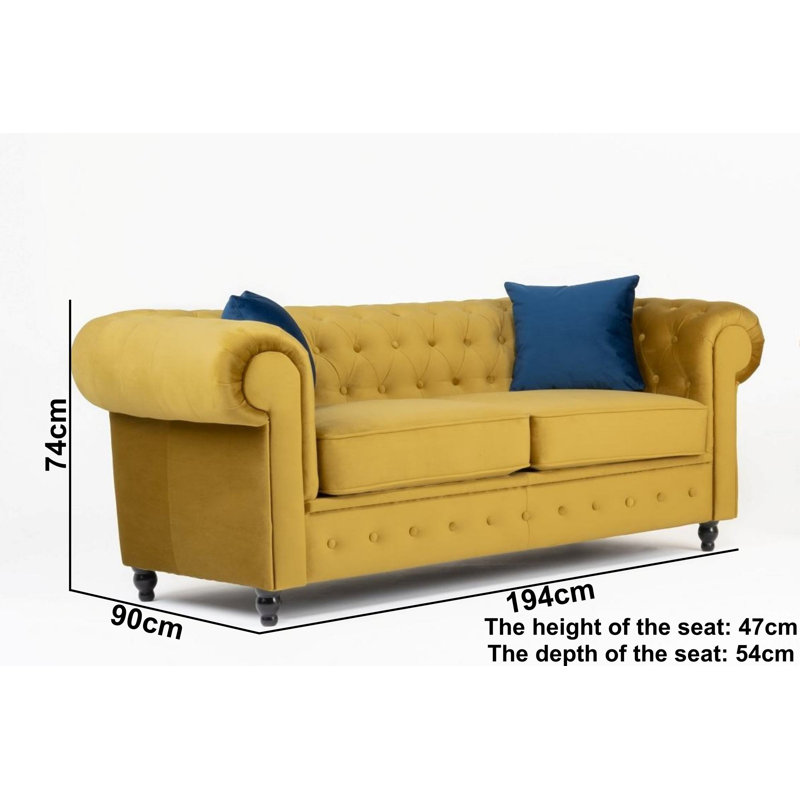 Frances 3 Seater Chesterfield Sofa Velvet, Mustard, 74cm H x 194cm W x 90cm D