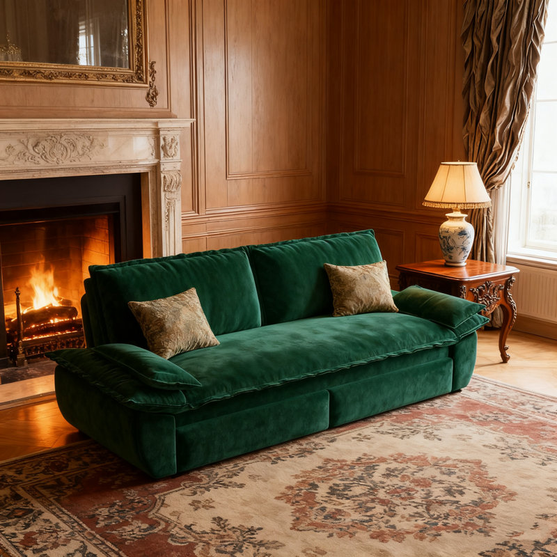 Grand canapé-lit escamotable 3 en 1 de 73,2 po avec 2 coussins moelleux et causeuse en velours, Velours vert